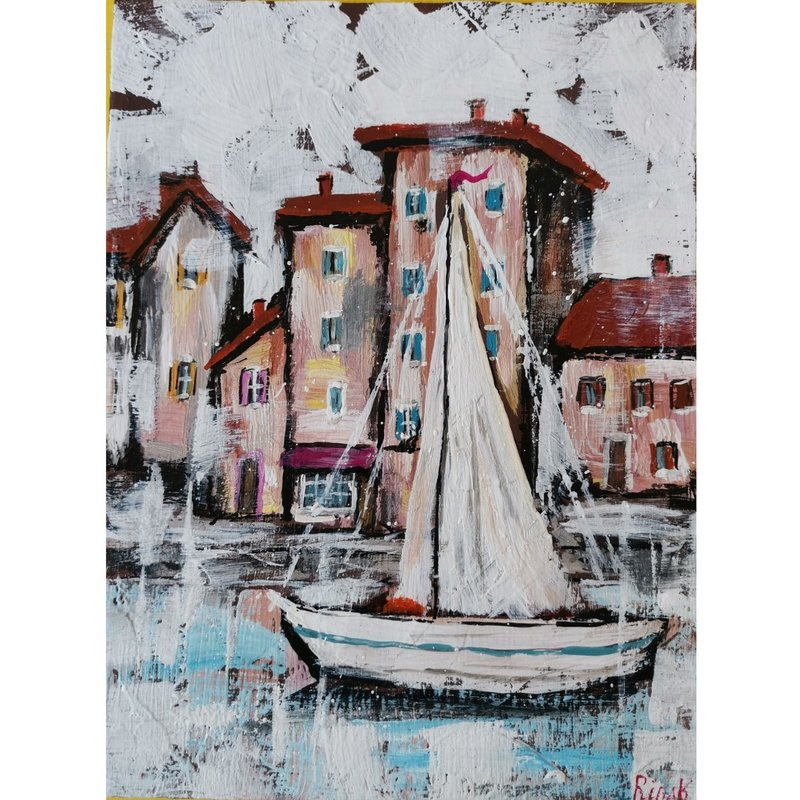 Sailboat Cityscape Original Art Small Format Hand Painted Art Work By RinaArtSK - Wall Décor - Other Materials White