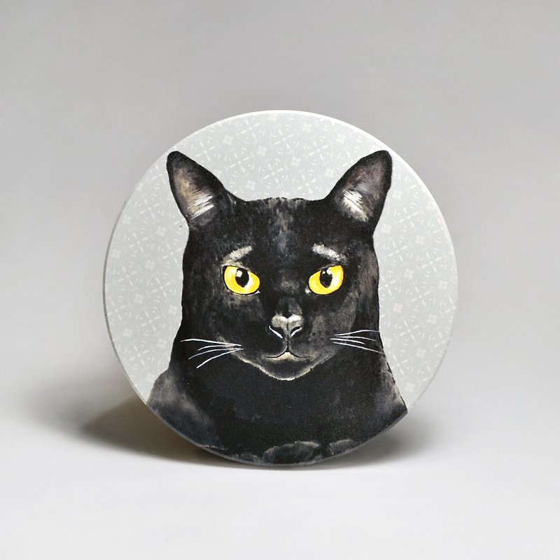 吸水陶瓷杯墊-黑貓 (送貼紙)(可加購客製文字) - 杯墊 - 陶 灰色