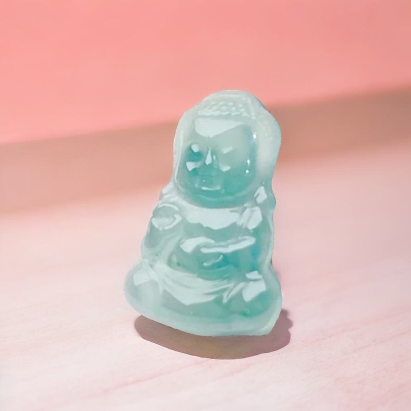 Ice blue water jade Q version Gautama Buddha pendant | Natural jade jade A goods - พวงกุญแจ - หยก สีเขียว