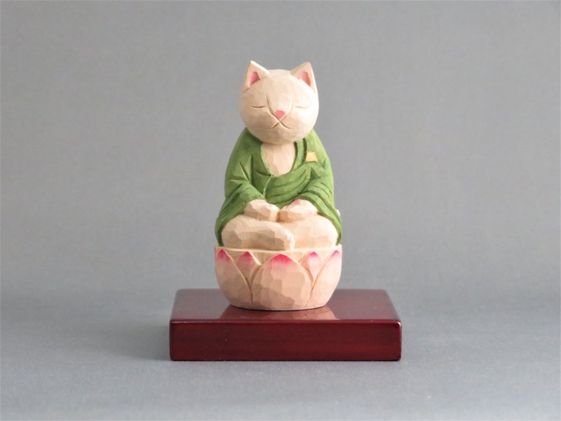 木彫り　袈裟を着た座禅猫　猫仏1913 - 公仔/玩偶 - 木頭 綠色