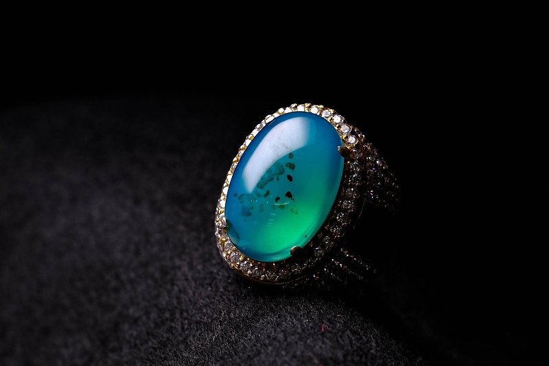 TBF - 天然 頂級 藍玉髓 放光 玻璃種 變色龍 印尼 戒指 華麗戒台 - 戒指 - 玉石 