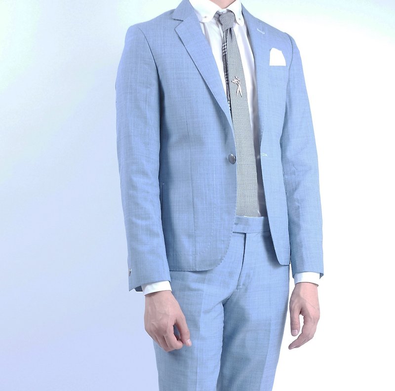 HIATUS sky blue cotton linen suit suit - เสื้อโค้ทผู้ชาย - ผ้าฝ้าย/ผ้าลินิน สีน้ำเงิน
