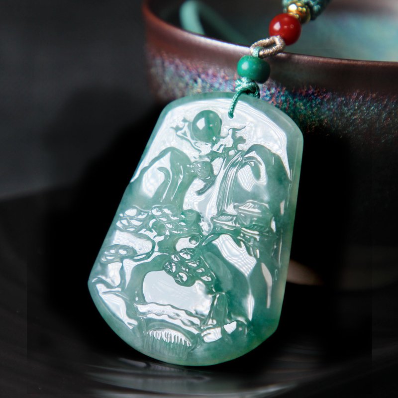 Jade Pendant Landscape Artistic Natural A Cargo Ice Waxy Species Piaoyang Green Ice Clear Jade Runs Gelatinous Greasy Soft Beauty - สร้อยคอ - หยก 