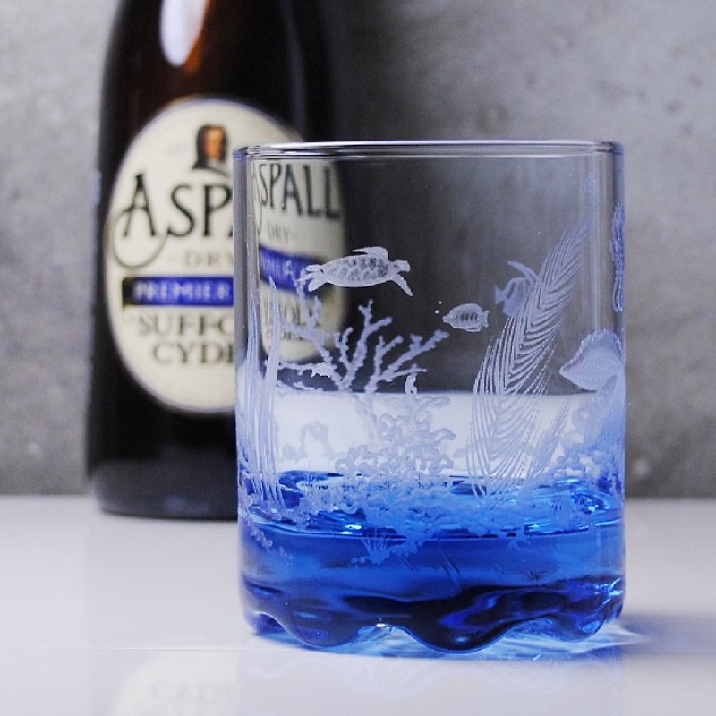 220cc [Sea Turtle's Travel ~ Underwater World] Seahorse Paradise Deep Sea Blue Italian Whiskey Cup - Bar Glasses & Drinkware - Glass Blue