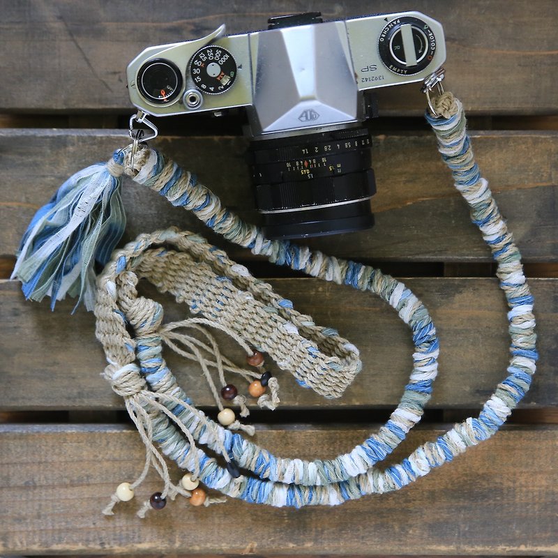 Soki backpack/tape yarn hemp string hemp camera strap dusty blue green/double ring - Camera Straps & Stands - Cotton & Hemp Blue