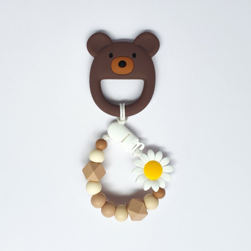 Customized 27CM no letter white sunflower milk tea color pacifier chain brown bear tooth holder - ของเล่นเด็ก - วัสดุอื่นๆ สีกากี