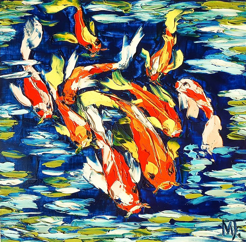 Koi Fish Painting 9 Nine Fish Original Art Japanese Carp Artwork Feng Shui Art - 掛牆畫/海報 - 其他材質 藍色