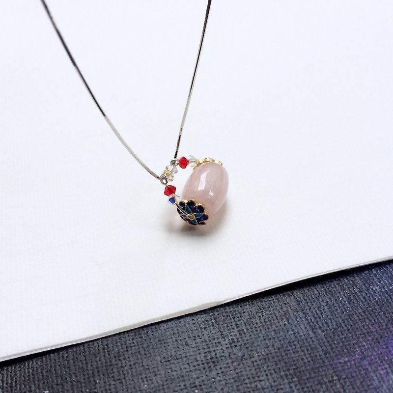 Little lucky series-925 silver-cloisonne& rose quartz necklace - Necklaces - Gemstone Pink