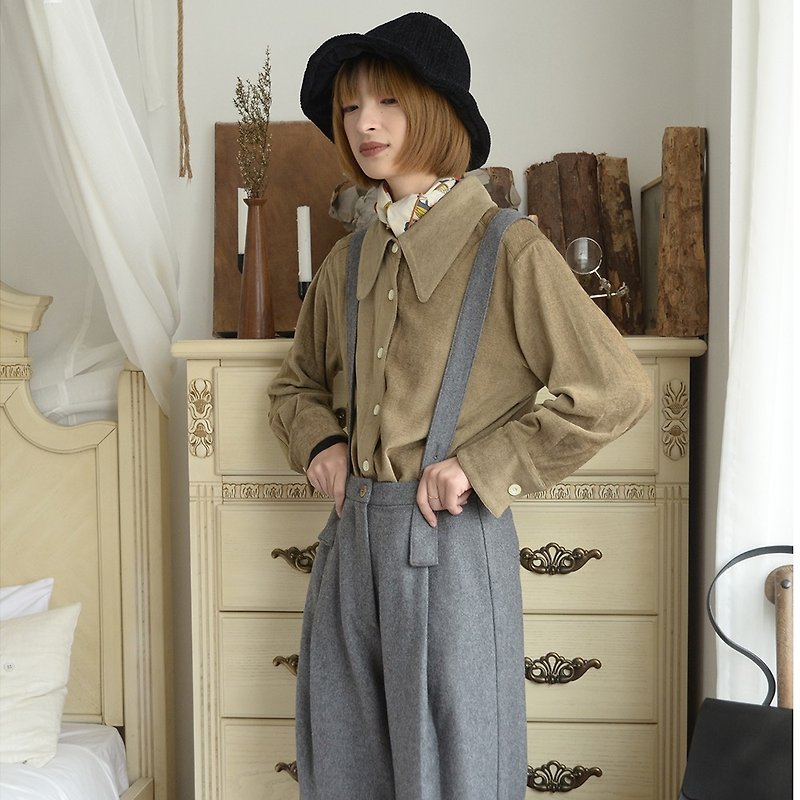 Two-tone high-rise bib - medium gray | pants | autumn and winter models | wool blend | independent brand | Sora-210 - จัมพ์สูท - ขนแกะ 