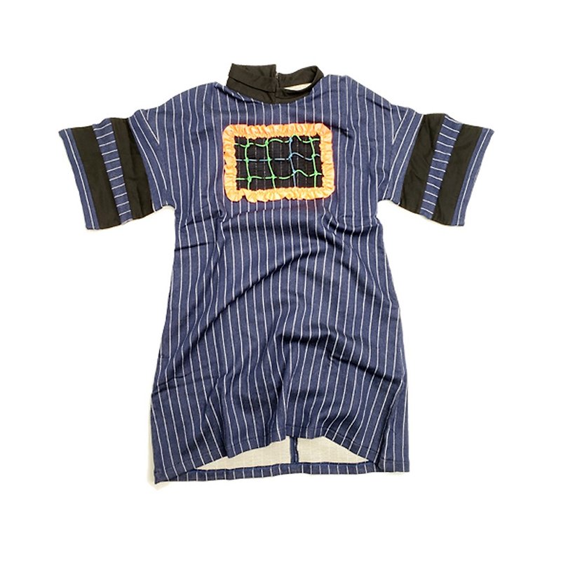LAND CRAFT 手工編織裝飾連衣裙 - 女 T 恤 - 棉．麻 藍色