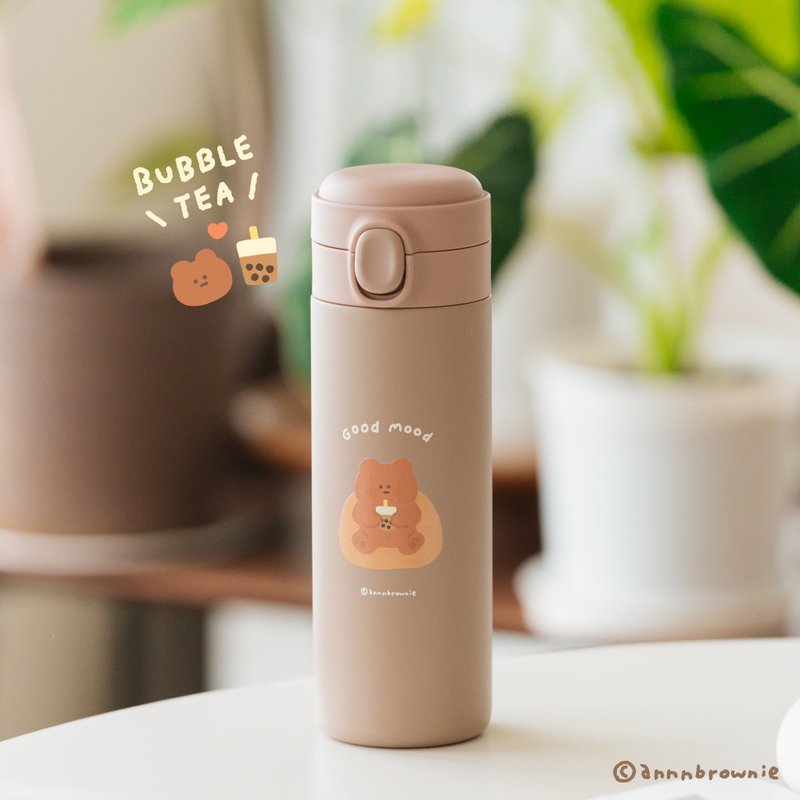 [Slowly Pick x Brownie Thermos Cup] 450ml thermos cup with lockable spring lid - Zhen Nai Xiong - กระบอกน้ำร้อน - สแตนเลส ขาว