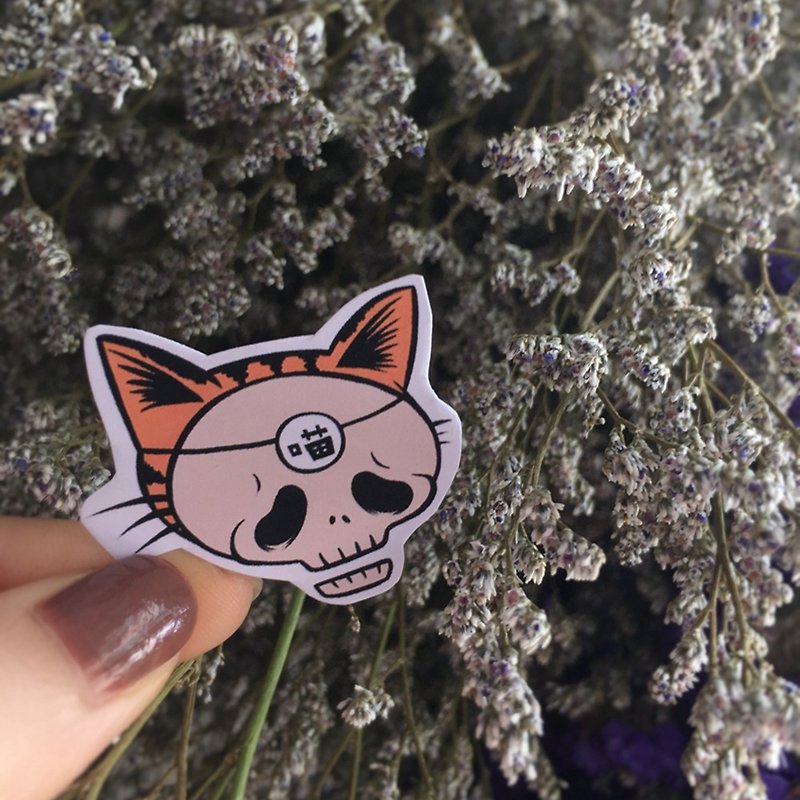 Halloween hand-painted stickers matte non-waterproof cute leaflet original cat with skull mask - สติกเกอร์ - กระดาษ สีส้ม