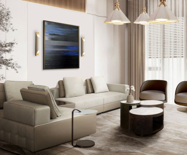 オリジナルの黒と青のアクリル絵画抽象的なスタイルのアートワーク