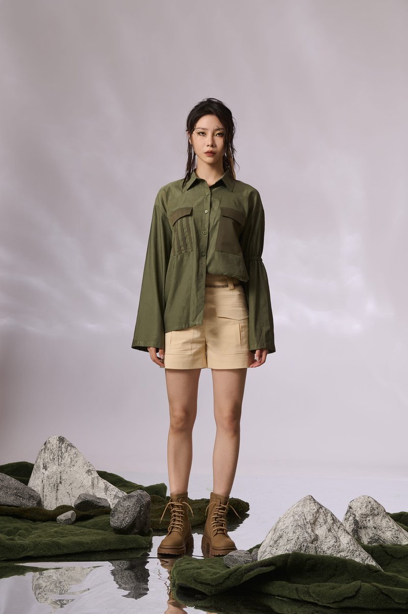 長版襯衫 - 軍綠 - 女襯衫 - 其他人造纖維 綠色