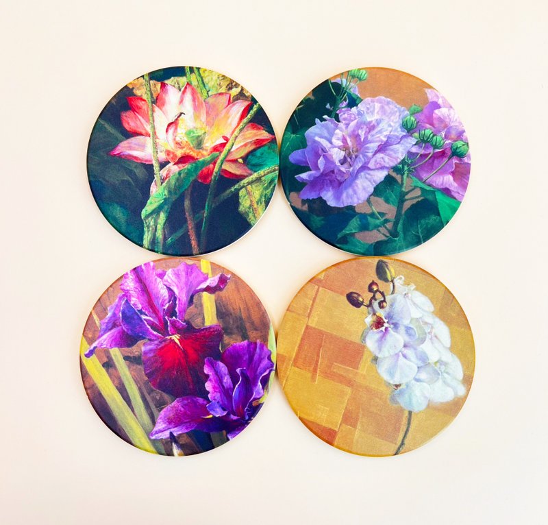 Taiwan Yingge—Ceramic Flower Series Absorbent Coasters Round Style (set of 4) - ที่รองแก้ว - ดินเหนียว 