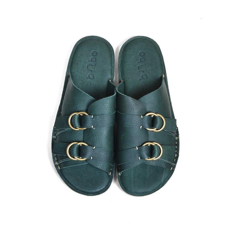 oqLiq-Root-Buckle Slippers (Green) - Slippers - Genuine Leather Green