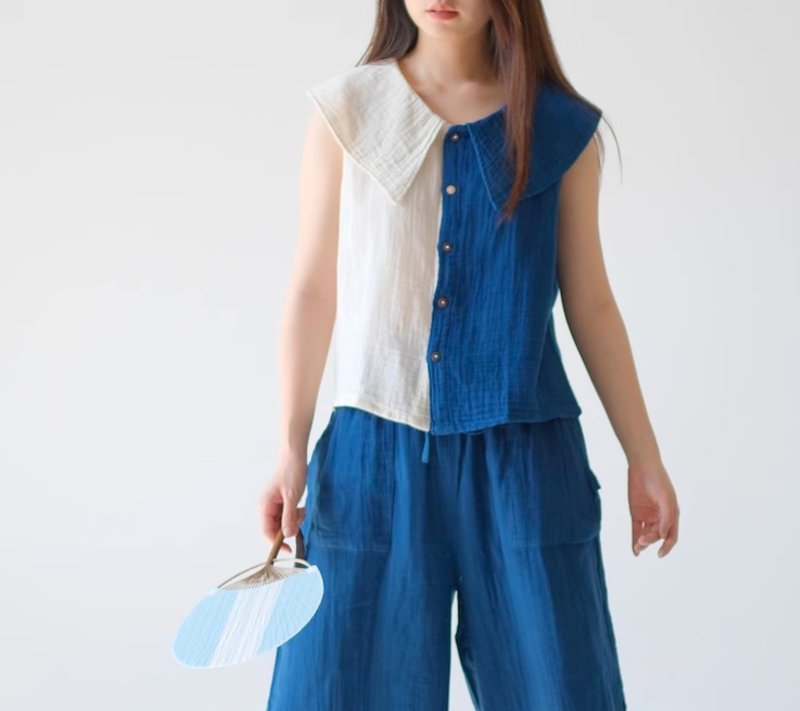 【コットン手染め藍染め】襟付き開襟/クルーネックトップス 3色 - トップス - コットン・麻 ブルー