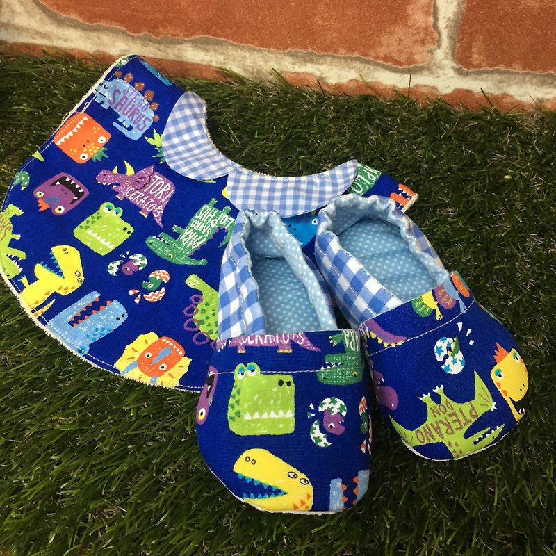 Dinosaur Miriam Gift Box - toddler shoes + bibs - ของขวัญวันครบรอบ - ผ้าฝ้าย/ผ้าลินิน สีน้ำเงิน