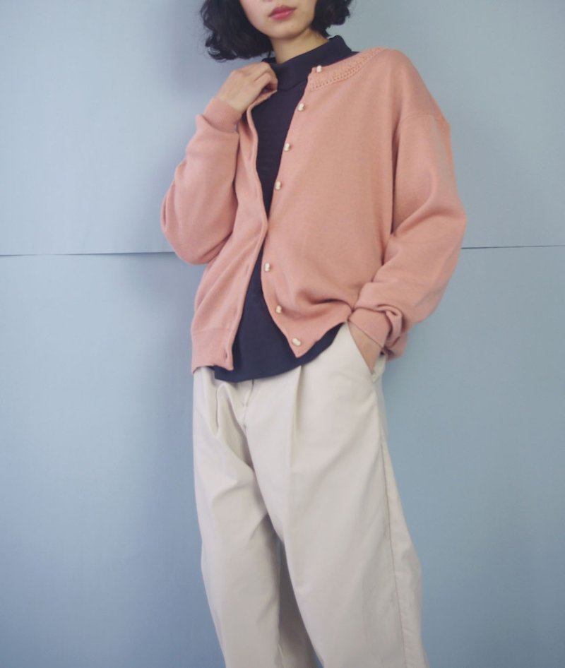 Treasure hunt vintage - gray pink crochet detail knit jacket - Women's Sweaters - Polyester Pink