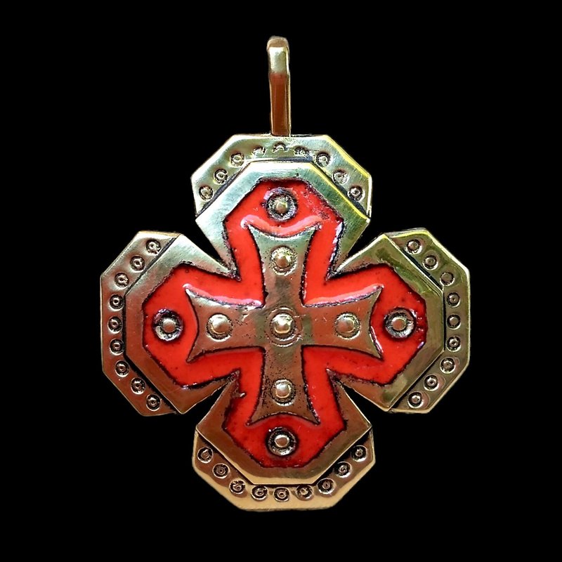 Red brass cross necklace pendant,Vintage Brass Cross,Maltese cross necklace - Charms - Copper & Brass Red