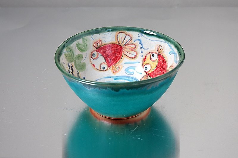 Turquoise and goldfish picture bowl in it - เซรามิก - ดินเผา หลากหลายสี