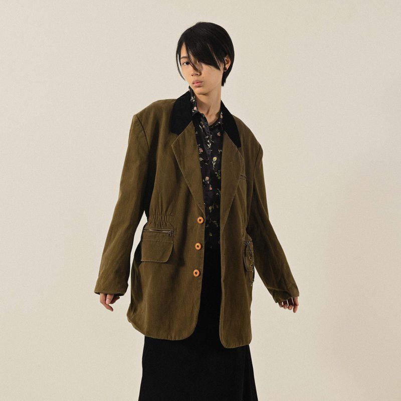 【NaSuBi Vintage】Color-block collar single-breasted suede vintage blazer - Women's Blazers & Trench Coats - Other Man-Made Fibers 