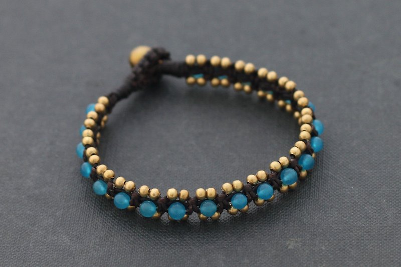 Blue Jade Brass Woven Bracelets Hill Tribe Tibetan Cuff - สร้อยข้อมือ - หิน สีน้ำเงิน