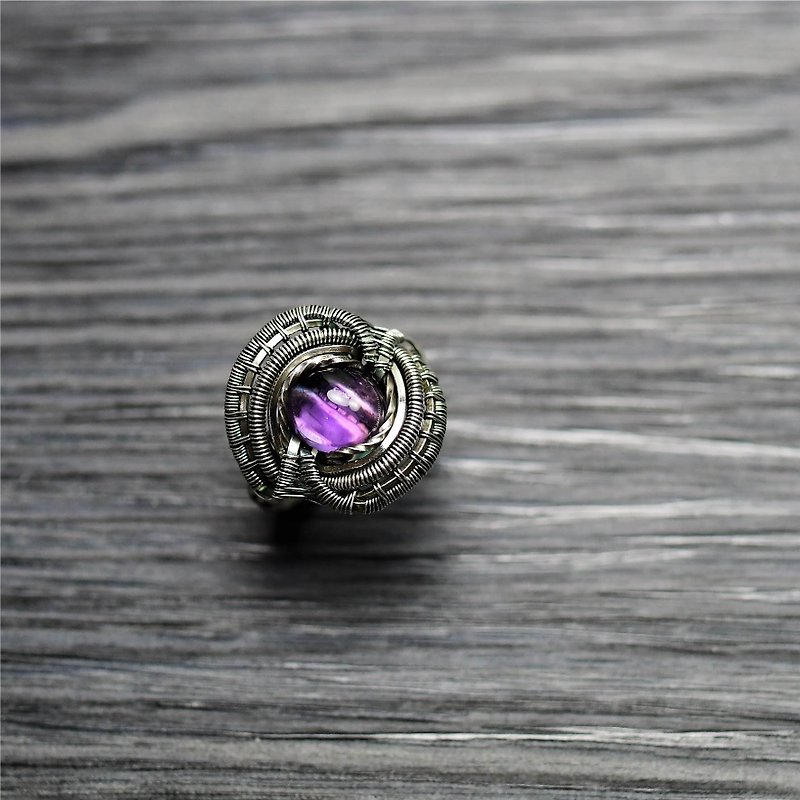Amethyst sterling silver wire vulcanized braided ring - General Rings - Gemstone Purple