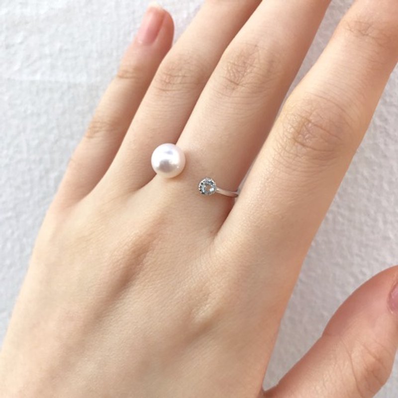 Akoya pearl and aquamarine free ring - แหวนทั่วไป - โลหะ 