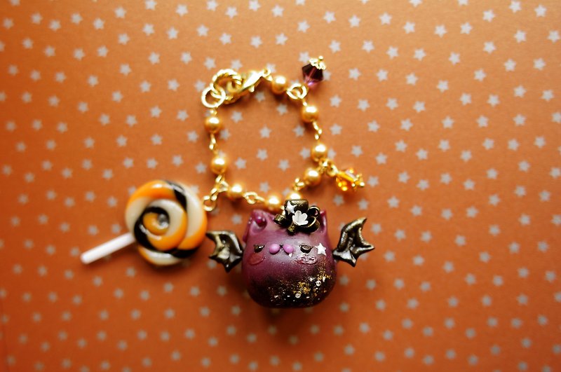 Sweet Dream☆Halloween☆Shining star bat cat bag lanyard/key ring exchange gift - ของวางตกแต่ง - ดินเหนียว สีม่วง