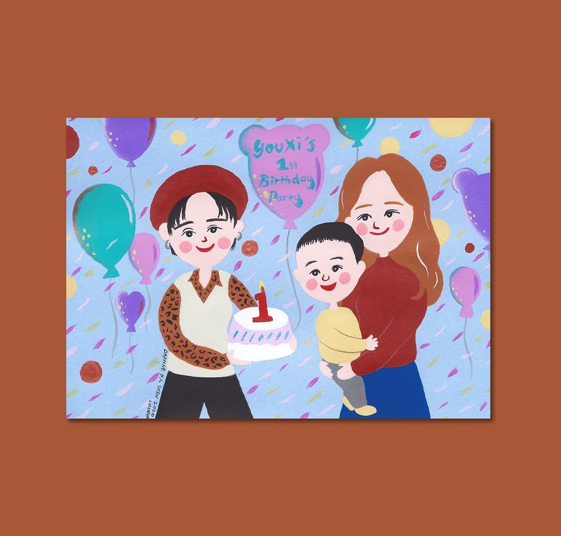 寶寶系列 客製3人畫像 生日/全家福/彌月/嬰幼兒/紀念/婚禮/情人 - 似顏繪/客製畫 - 紙 藍色