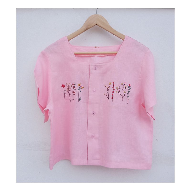 Short sleeve, square neck, pink - Women's Tops - Cotton & Hemp Pink