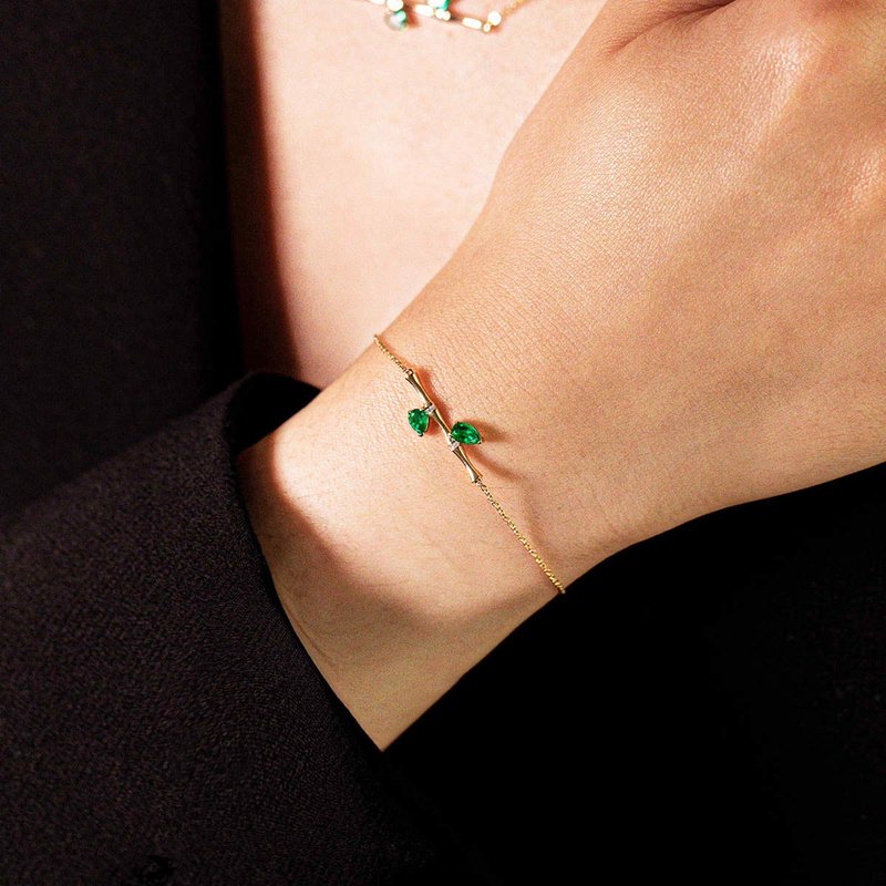 18k Solid Gold Bamboo Design Diamond Bracelet - Custom made jewelry - B037 - สร้อยข้อมือ - เครื่องเพชรพลอย สีเขียว