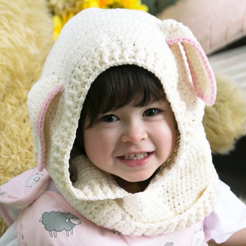 Cutie Bella hand-woven hooded neck circumference Sheep-Pink - หมวกเด็ก - ผ้าฝ้าย/ผ้าลินิน ขาว
