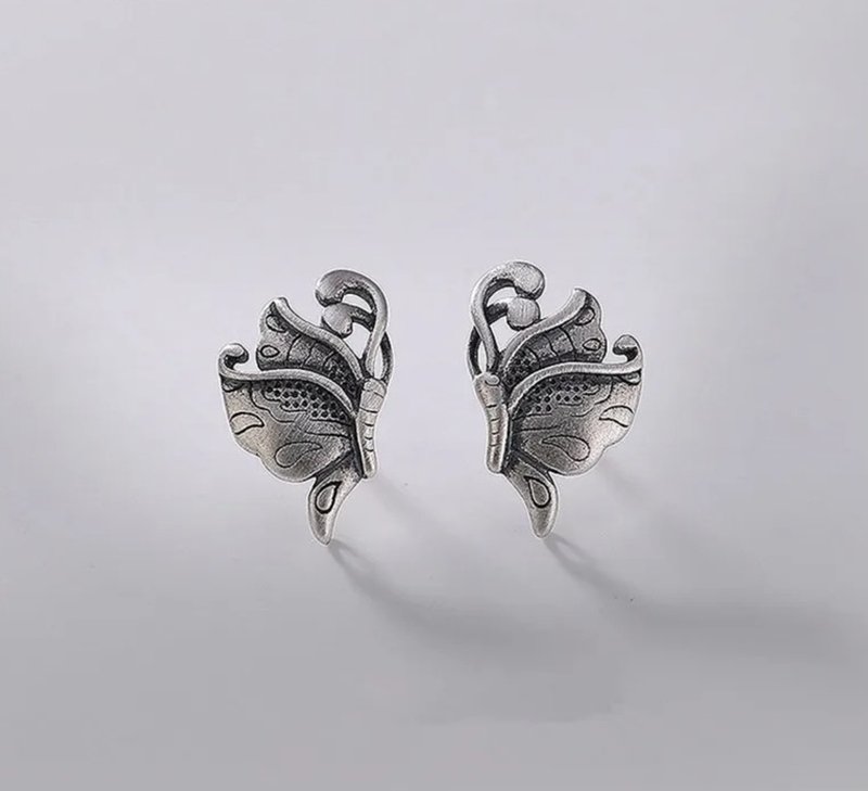 Vintage Ethnic Thai Silver Butterfly Studs for Women 100% Solid 925 Sterling Ear - ต่างหู - เงินแท้ สีเงิน