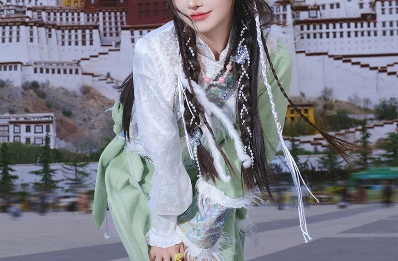 Zhuola new Chinese style Chinese style travel photography Tibetan robe - ชุดเดรส - วัสดุอื่นๆ สีเขียว