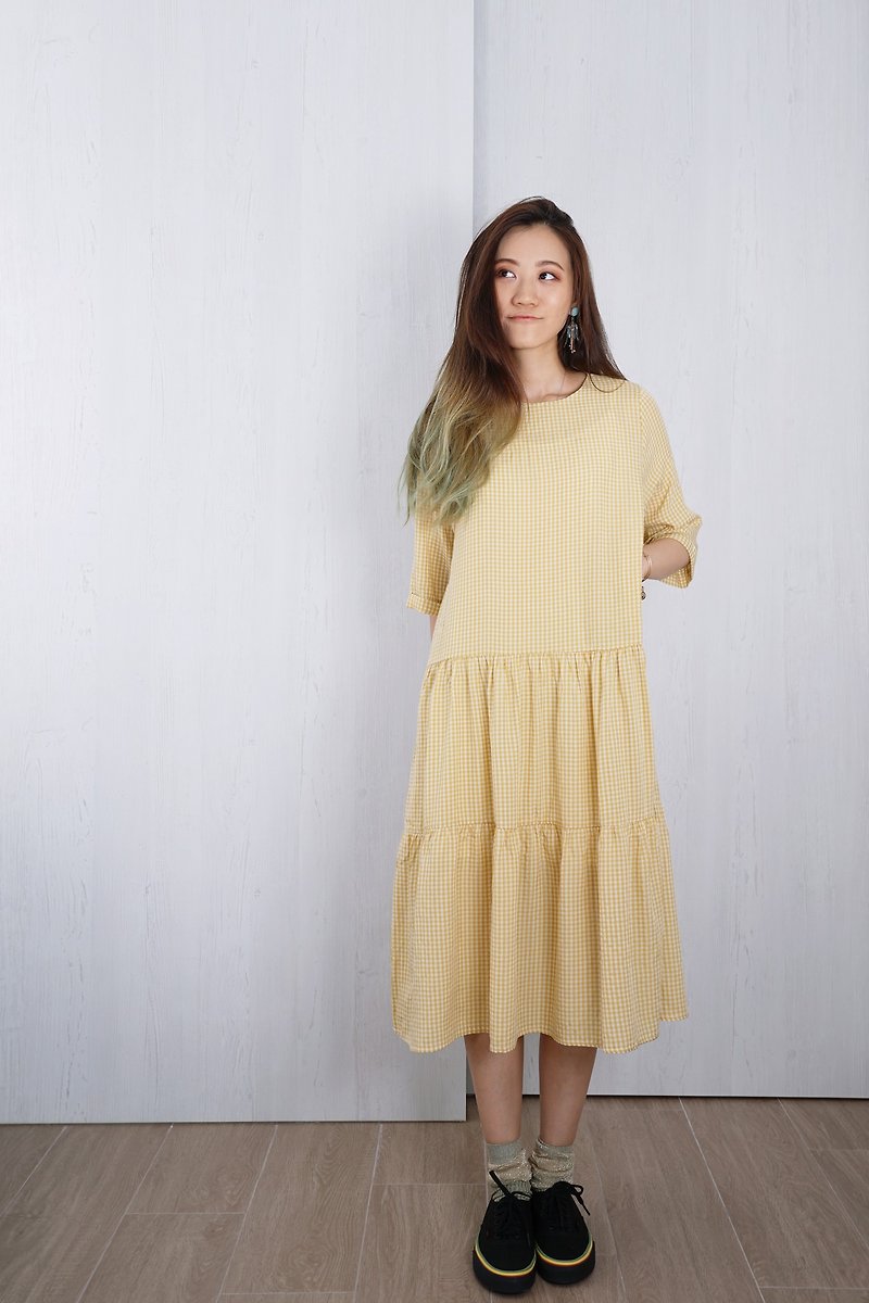 OUD original. Cotton Oversize Midi Dress With Pleated Detail - One Piece Dresses - Cotton & Hemp Yellow