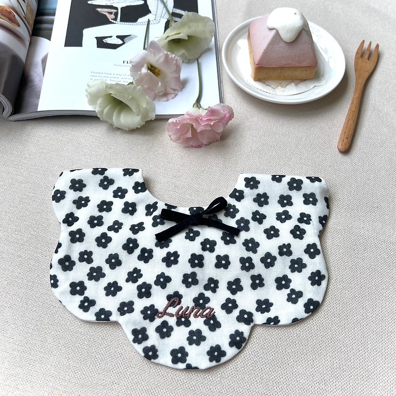 [Customized Embroidery - Mid-Moon Gift Box] Tiffany Breakfast Fashionable Black and White Floral Mouth Towel - Baby Gift Sets - Cotton & Hemp Black