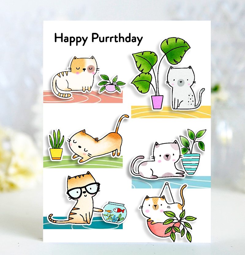 【英語のバースデーカード4枚】かわいい猫鉢植え立体手作りカード - カード・はがき - 紙 多色