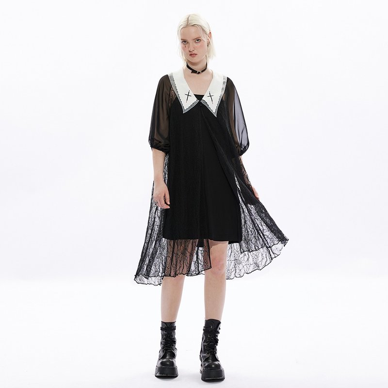 Gothic Dark Butler Lace Dress/Two Piece/Loose Fit - ชุดเดรส - วัสดุอื่นๆ สีดำ