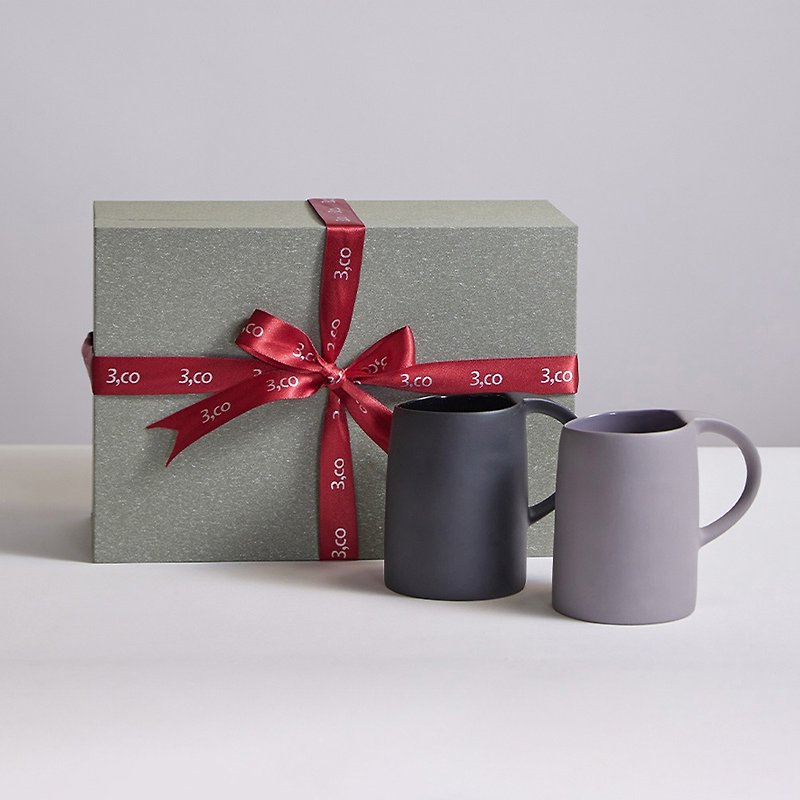 【3,co】Water Wave Mug Gift Box Set (2 Pieces) - Gray+Black - แก้วมัค/แก้วกาแฟ - เครื่องลายคราม สีเทา