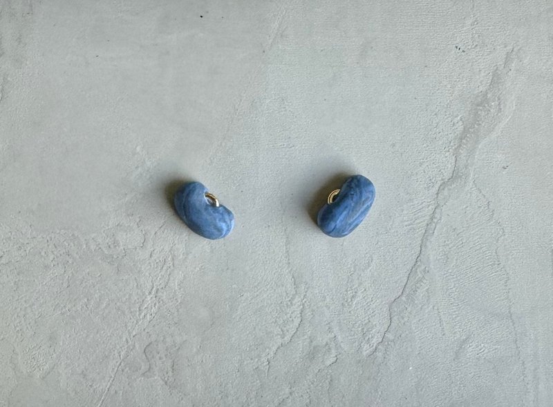 軟陶飾品-藍系混色豆子形+金屬複合媒材耳環-可製成耳針或耳夾 - 耳環/耳夾/耳骨夾 - 其他材質 藍色