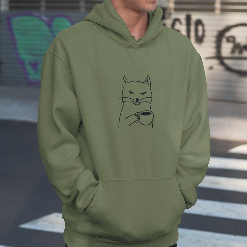 Cat Coffee Army Green unisex hoodie sweatshirt - Men's T-Shirts & Tops - Cotton & Hemp Green