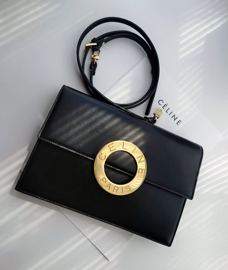 中古美品 CELINE 黑大金環信封包單肩包斜揹包斜背包斜揹袋手拿包 - 側背包/斜背包 - 真皮 黑色