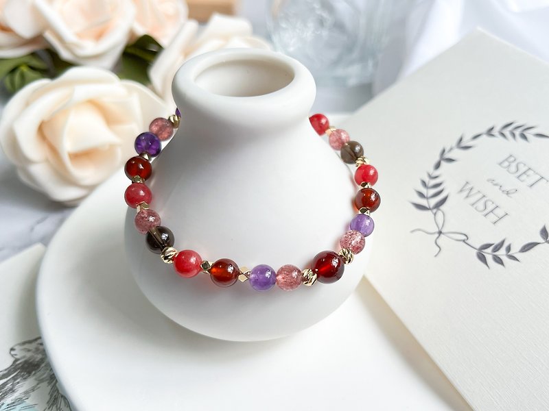 Stone Amethyst Strawberry Crystal Rose Tea Crystal 14k Gold Design Bracelet - สร้อยข้อมือ - คริสตัล หลากหลายสี