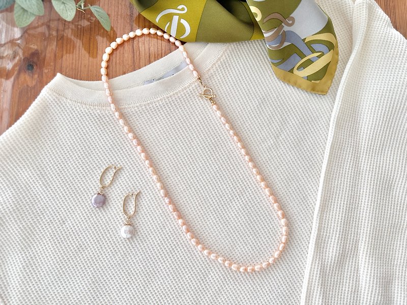 14Kgf 桜色のロングネックレス 少し大きめ 淡水パール  Fresh Water Pearl long necklace　Sakura peach - 項鍊 - 其他材質 粉紅色