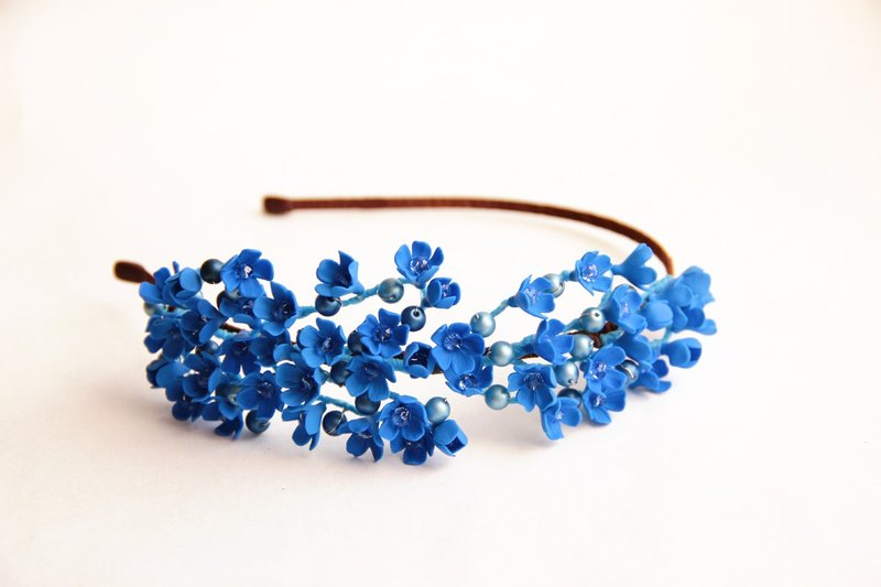 Navy blue wedding tiara Bridesmaid flower crown Bridal floral headband - เครื่องประดับผม - ดินเหนียว 