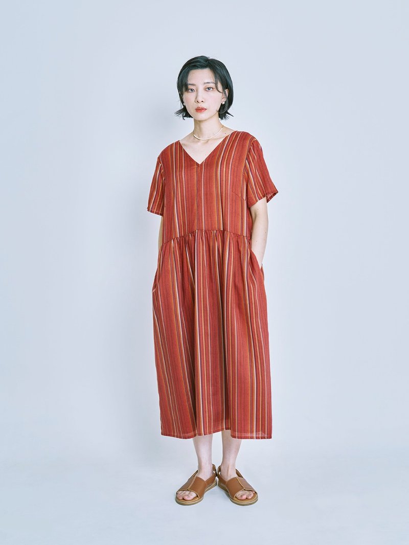 Xianzhao Black Plum V-neck Striped Dress-Licorice - One Piece Dresses - Other Man-Made Fibers Red