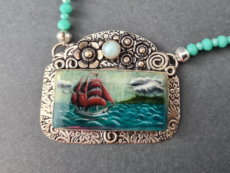 Necklace with hand painted Sailboat. Miniature Painting on amazonite gemstone. - Necklaces - Stone Blue