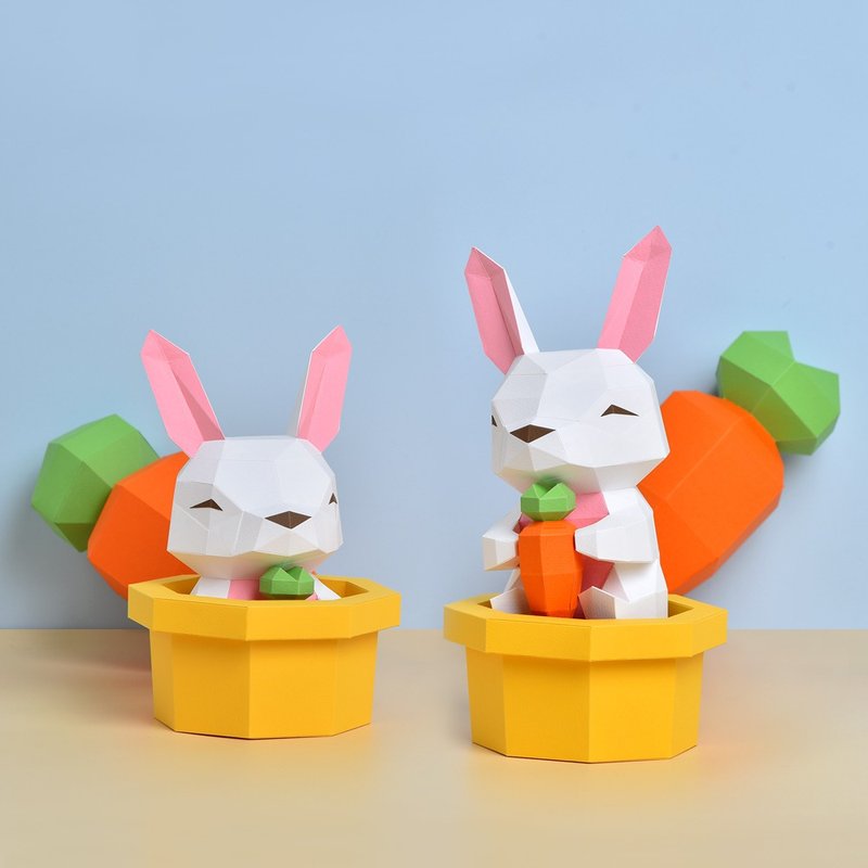 3D紙模型-DIY動手做-動物系列-可愛兔寶盆-兔子 擺飾 盆栽 - 木工/竹藝/紙雕 - 紙 多色